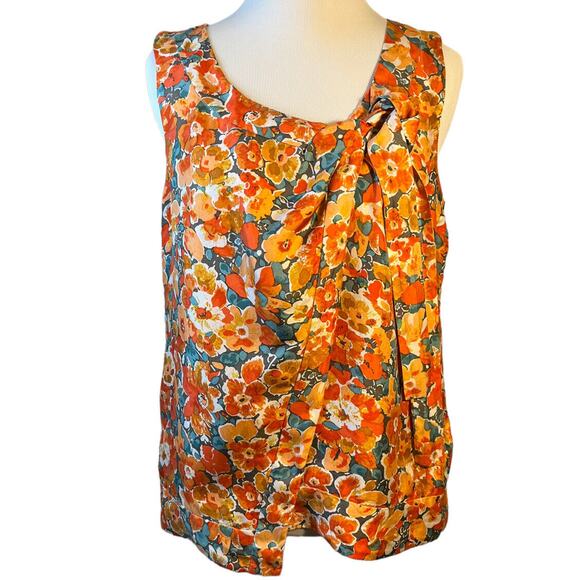 J Crew Womens Sz 0 Orange‎ Floral Wrap Front Tie Neck Silk Sleeveless Blouse - Picture 1 of 11